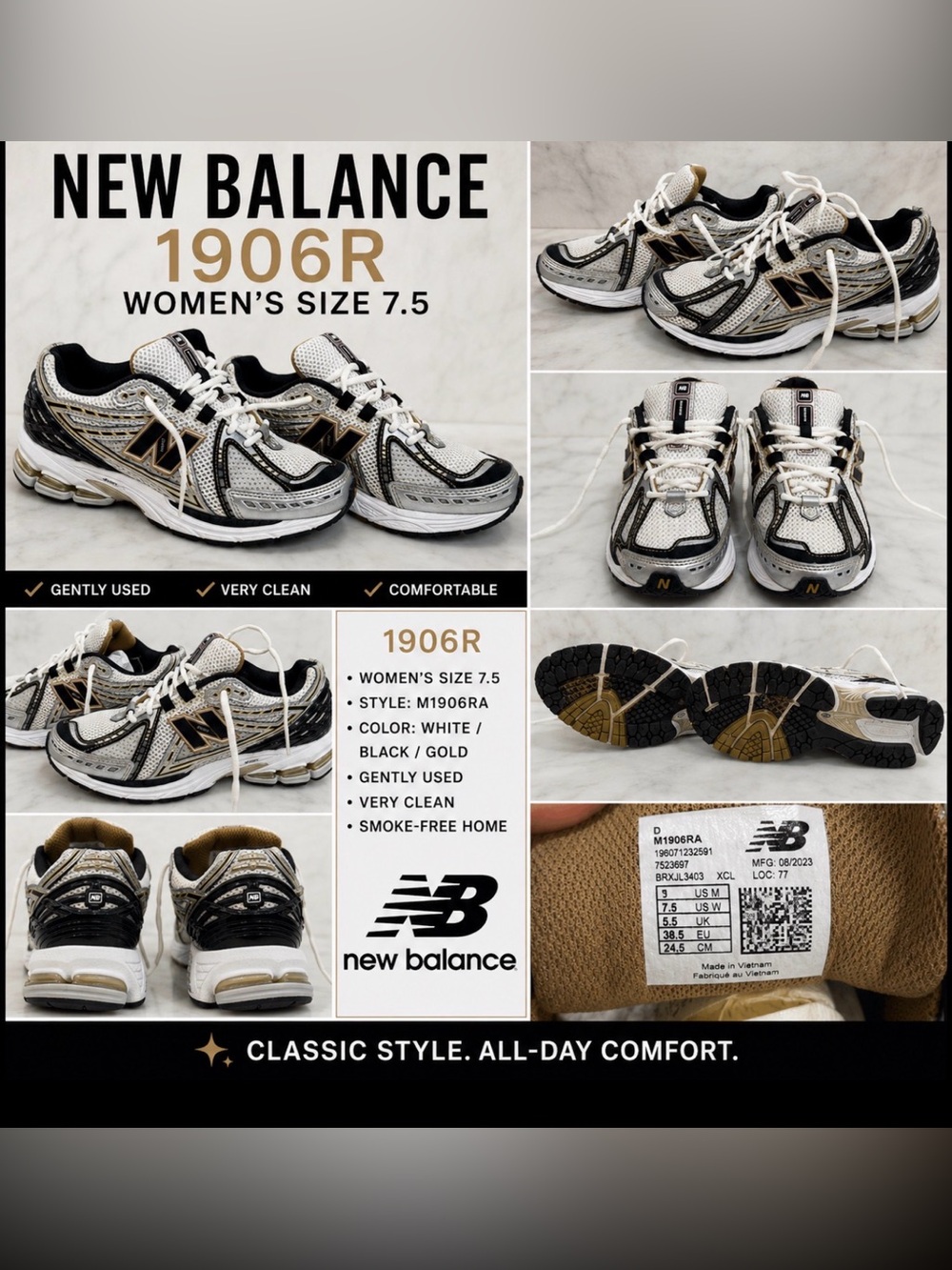 New Balance 1906R Women's Running Shoes — White, Black & Gold Accents
